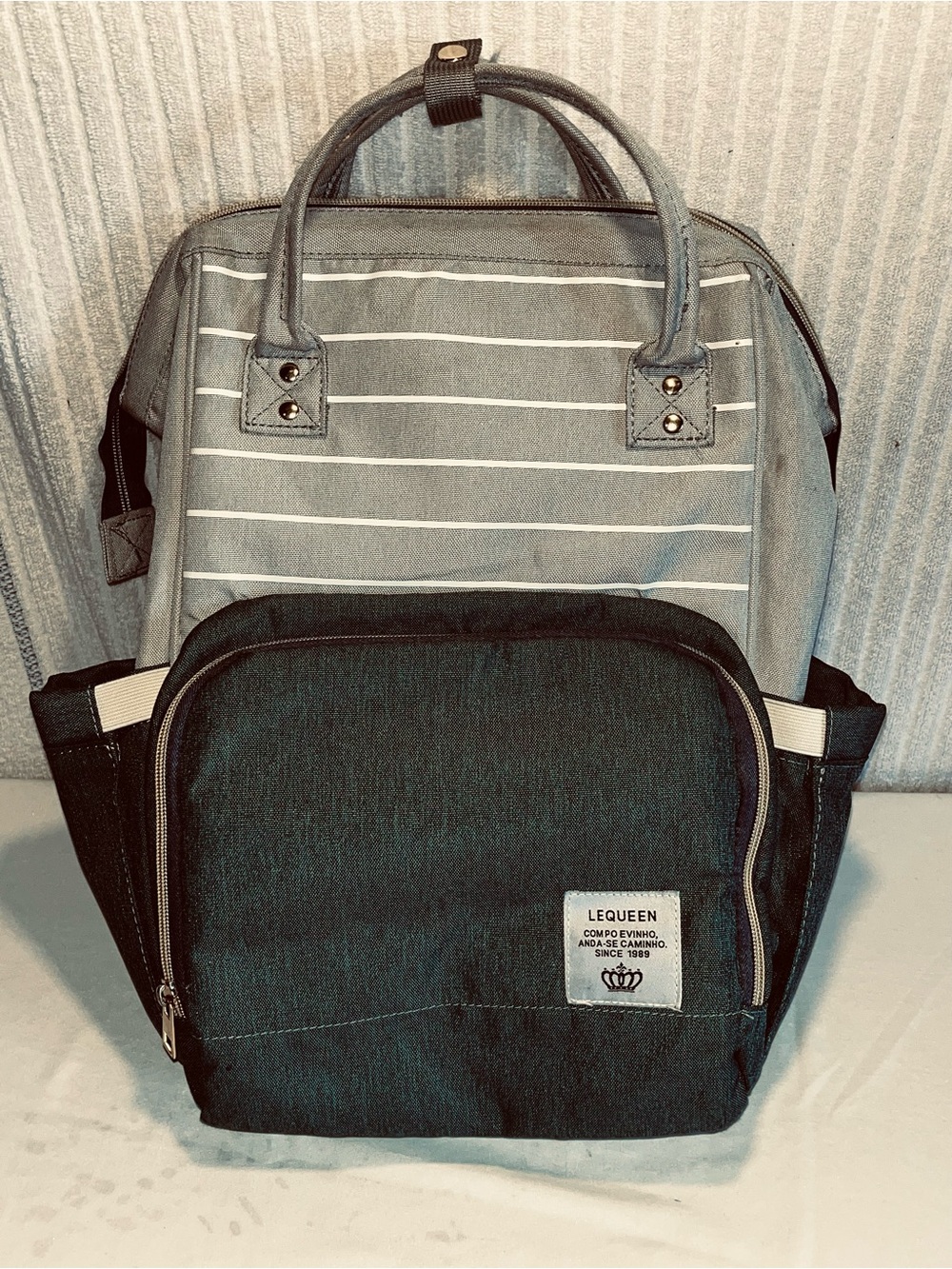 Lequeen Striped Diaper Bag Backpack Multi Function Large Capacity Travel Neutral